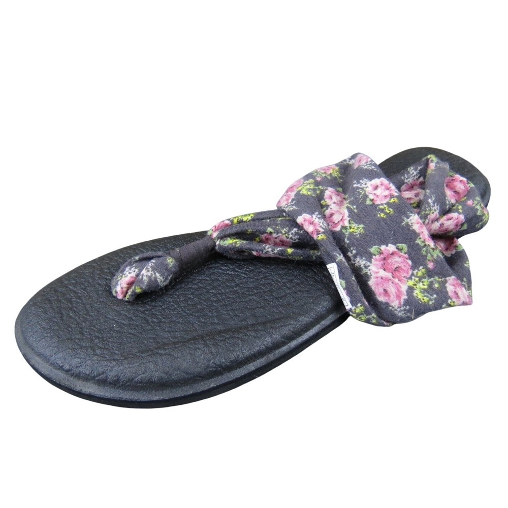 Sanuk Yoga Sling Women's 9 Black Floral Fabric Strap Sandals Yoga Mat Footbed‎